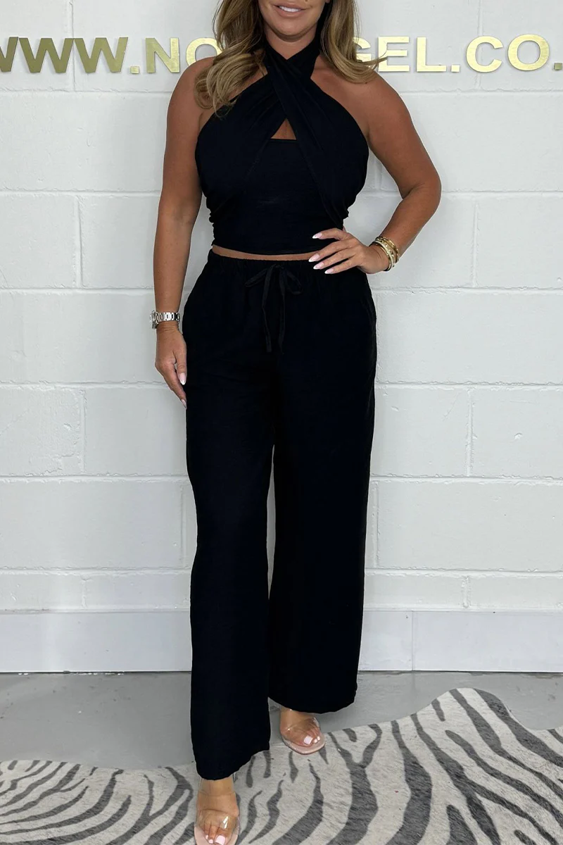 Casual Daily Solid Color Pocket Lace Up Halter Sleeveless Two Pieces(4 Colors) - Panekey