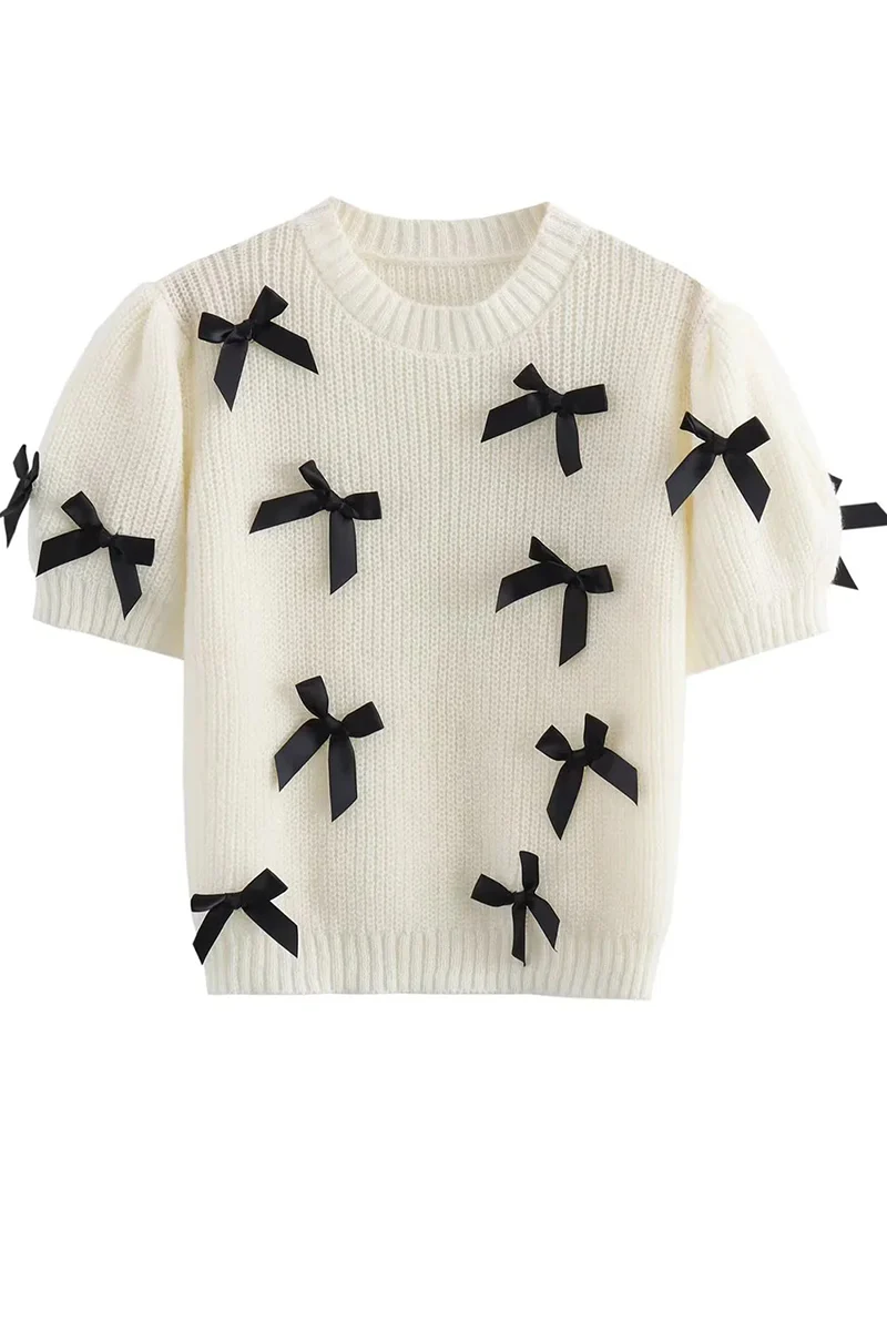 Casual Bow Patchwork Contrast O Neck Sweaters - Panekey