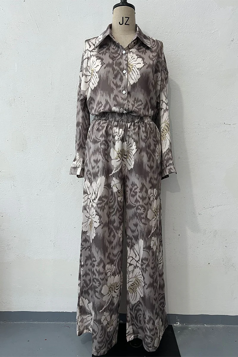 Casual Floral Print Buttons Turndown Collar Long Sleeve Two Pieces - Panekey