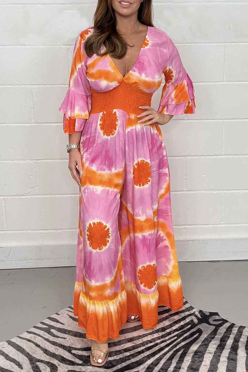 Casual College Print Patchwork V Neck Loose Jumpsuits - Panekey