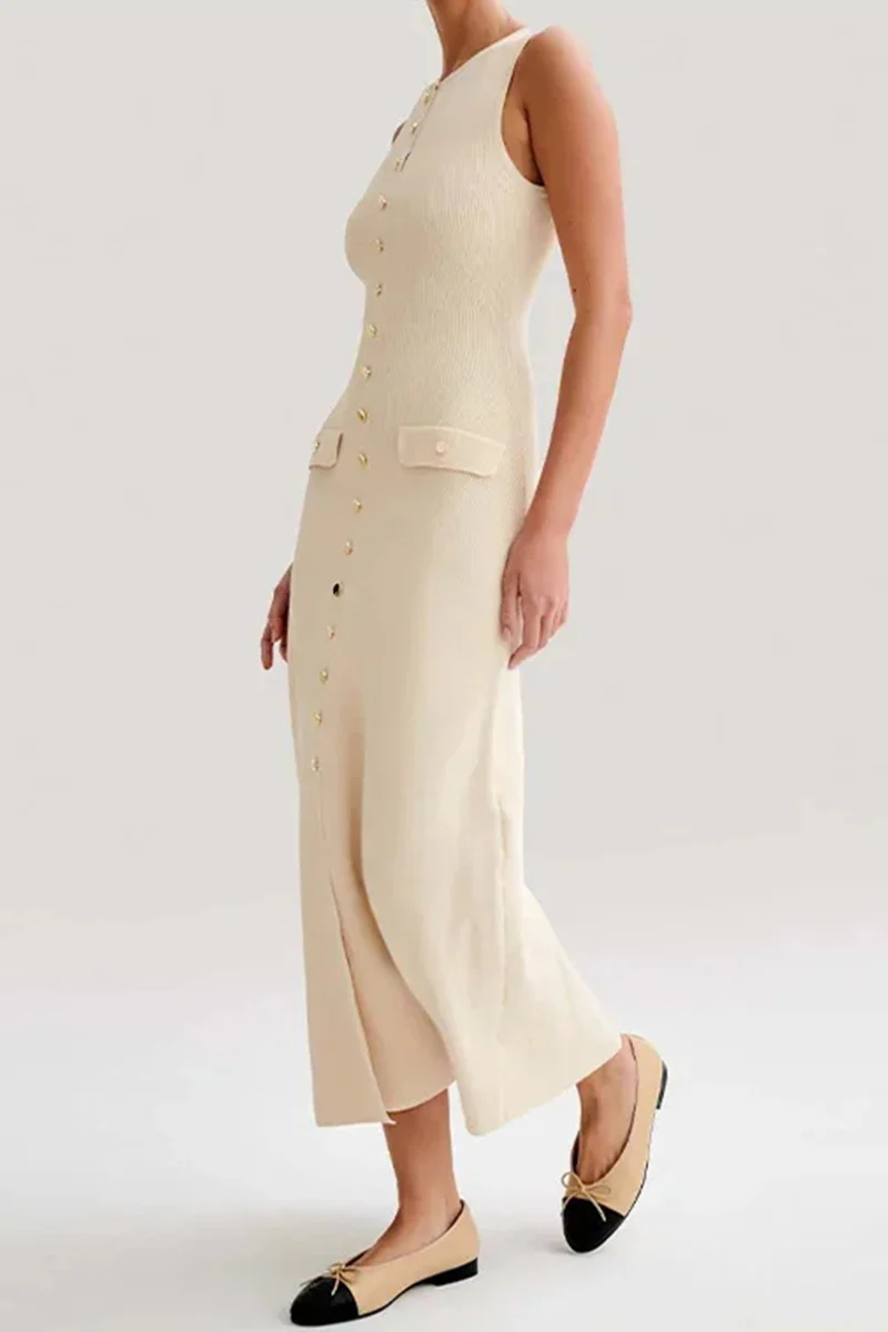 Casual Daily Solid Color Buckle O Neck Sleeveless Dresses - Panekey