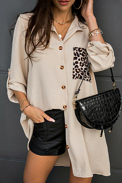 Casual Leopard Split Joint Buckle Turndown Collar Tops - Panekey