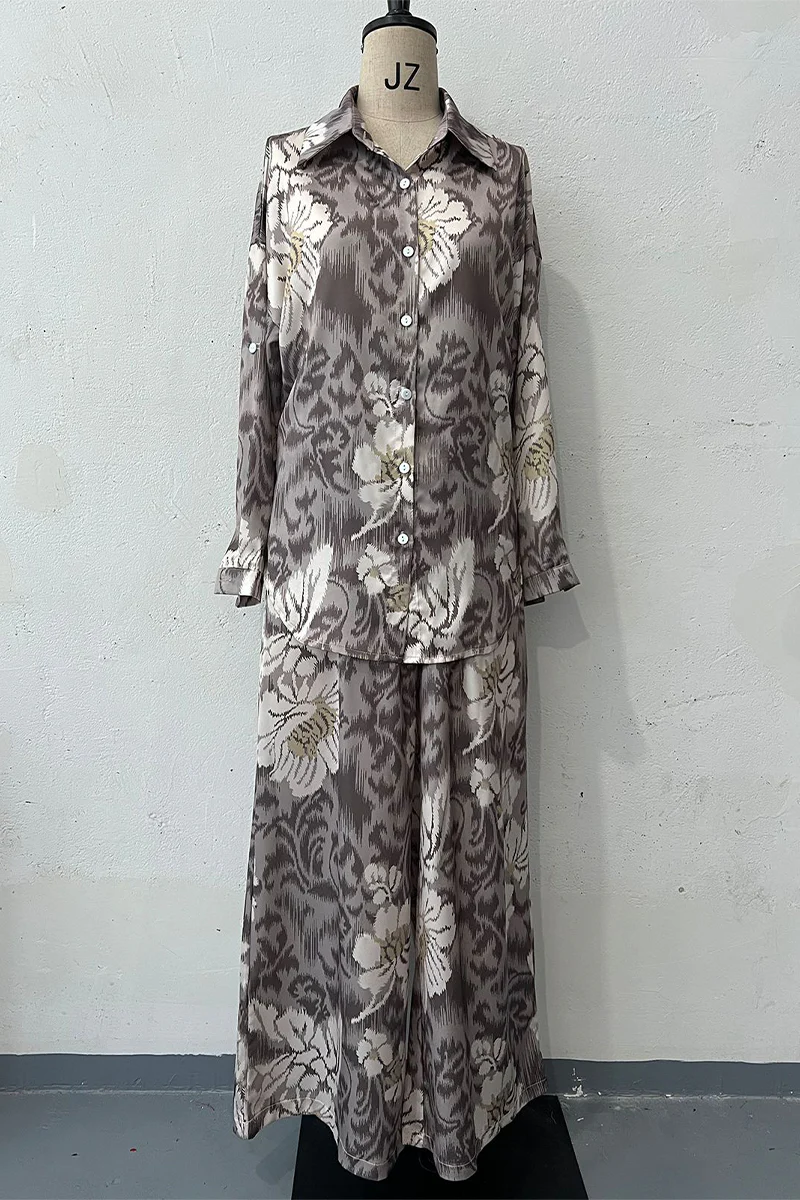 Casual Floral Print Buttons Turndown Collar Long Sleeve Two Pieces - Panekey