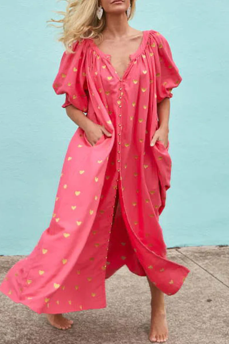 Casual Love Print Pocket Frenulum V Neck A Line Dresses - Panekey