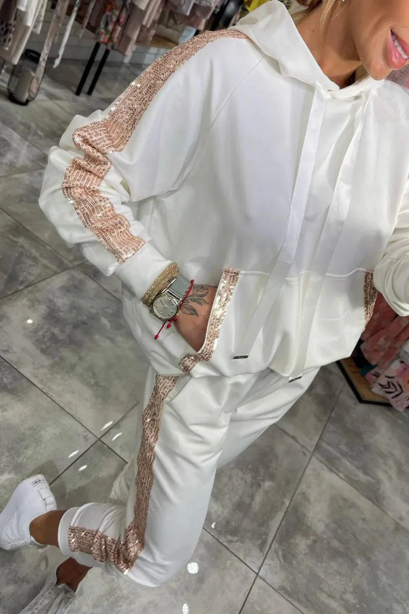 Casual Daily Sequins Draw String Pocket Hooded Long Sleeve Two Pieces(5 Colors) - Panekey