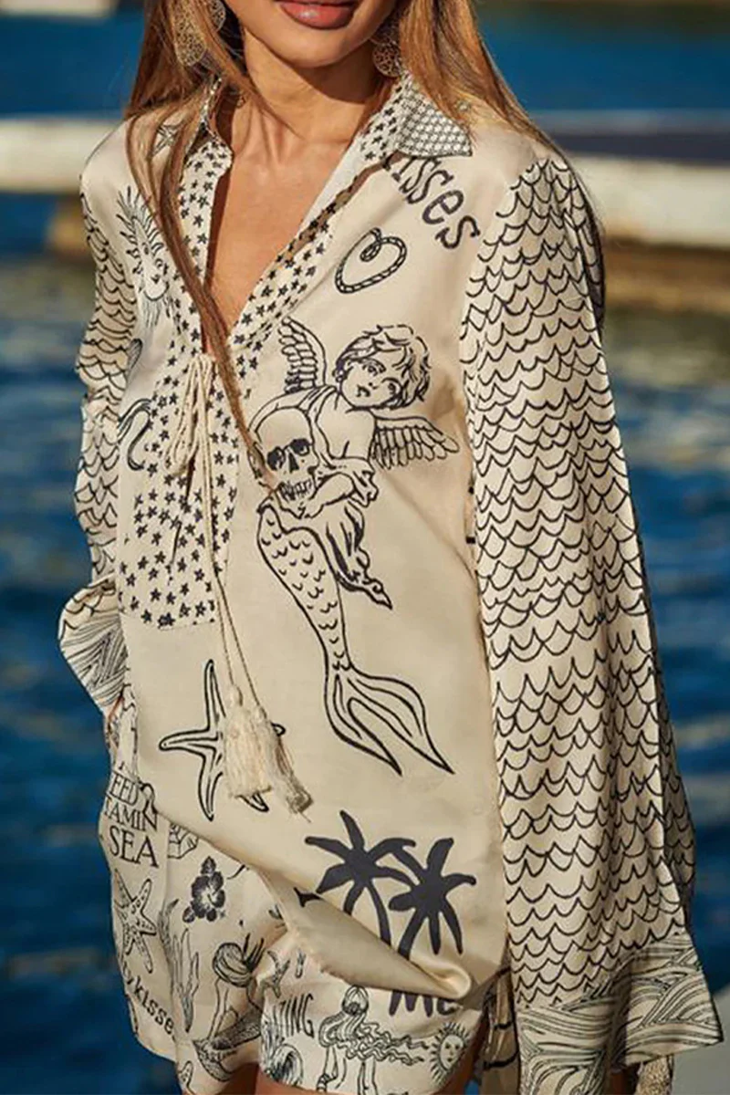 Casual Graffiti Print Tassel Contrast V Neck Long Sleeve Two Pieces - Panekey