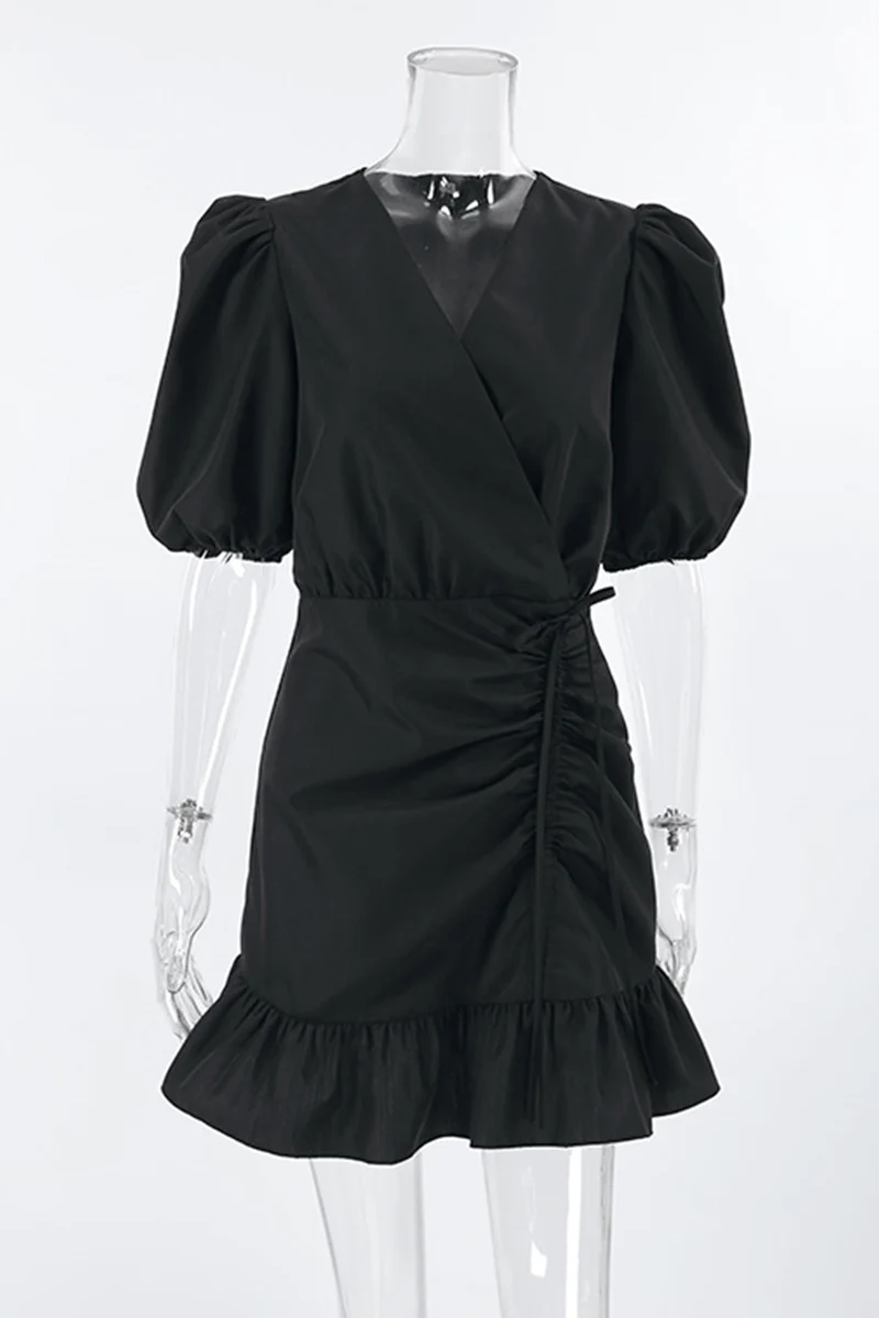 Casual Daily Solid Color Draw String Ruffle Ruched V Neck A Line Dresses - Panekey