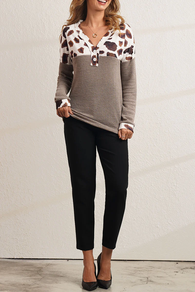 Casual Leopard Patchwork V Neck Tops - Panekey