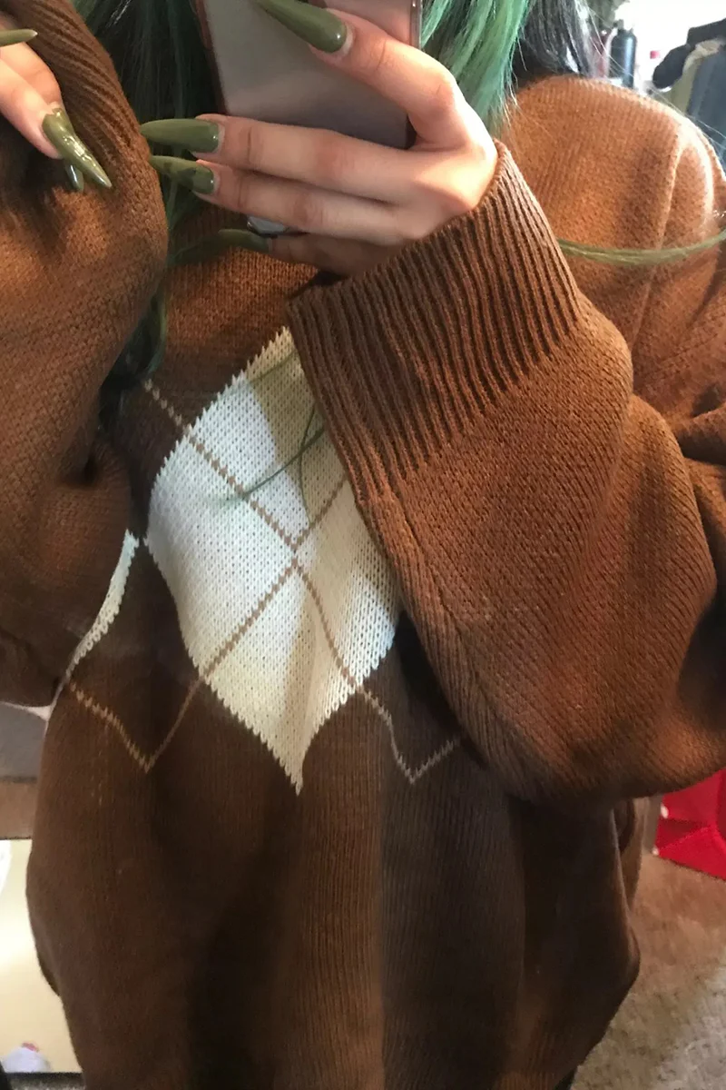 Casual Geometric Patchwork Contrast O Neck Tops Sweater(3 Colors) - Panekey