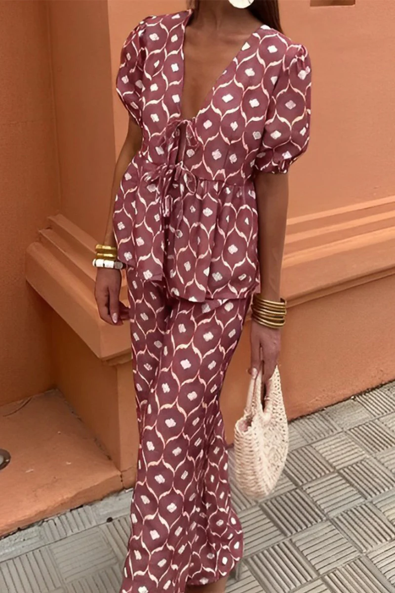 Casual Daily Lace Up V Neck Short Sleeve Two Pieces(3 Colors) - Panekey