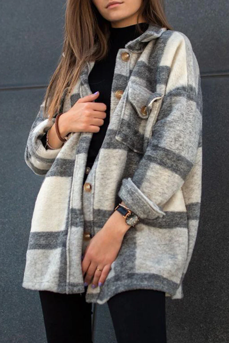 Casual Plaid Pocket Buckle Turndown Collar Outerwear - Panekey