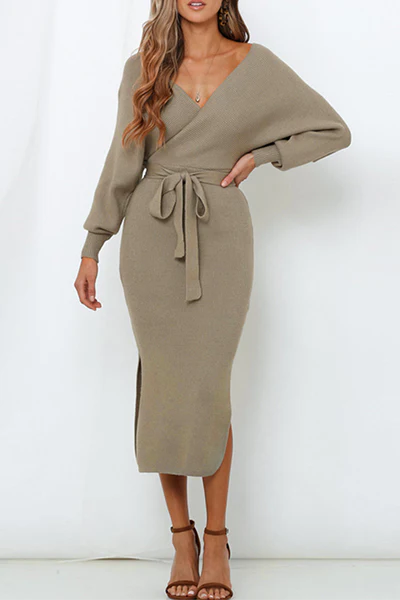 Casual Elegant Solid Backless Slit Strap Design V Neck Pencil Skirt Dresses - Panekey