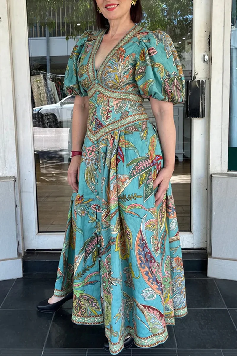 Casual Floral Print Pocket V Neck A Line Dresses - Panekey