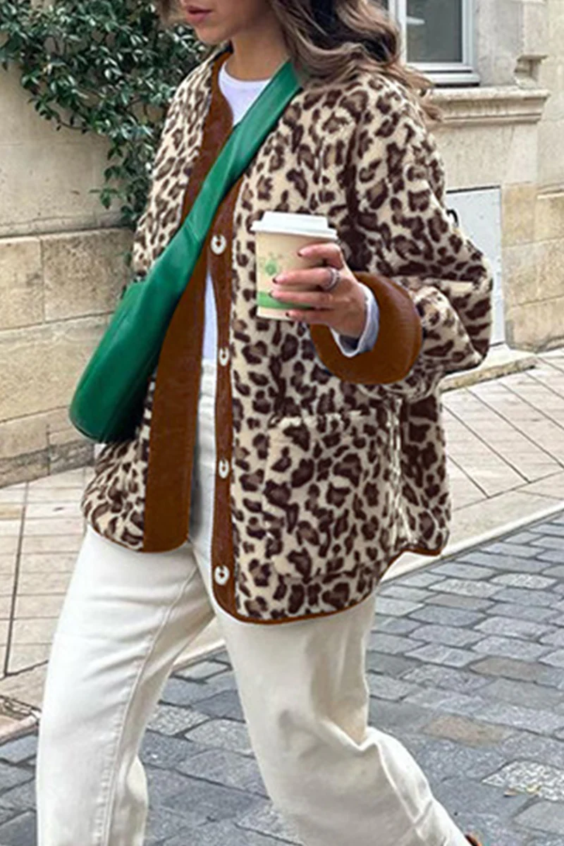 Casual Leopard Pocket Buttons Patchwork O Neck Outerwear - Panekey