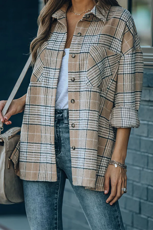 Casual Plaid Pocket Buckle Mandarin Collar Outerwear - Panekey