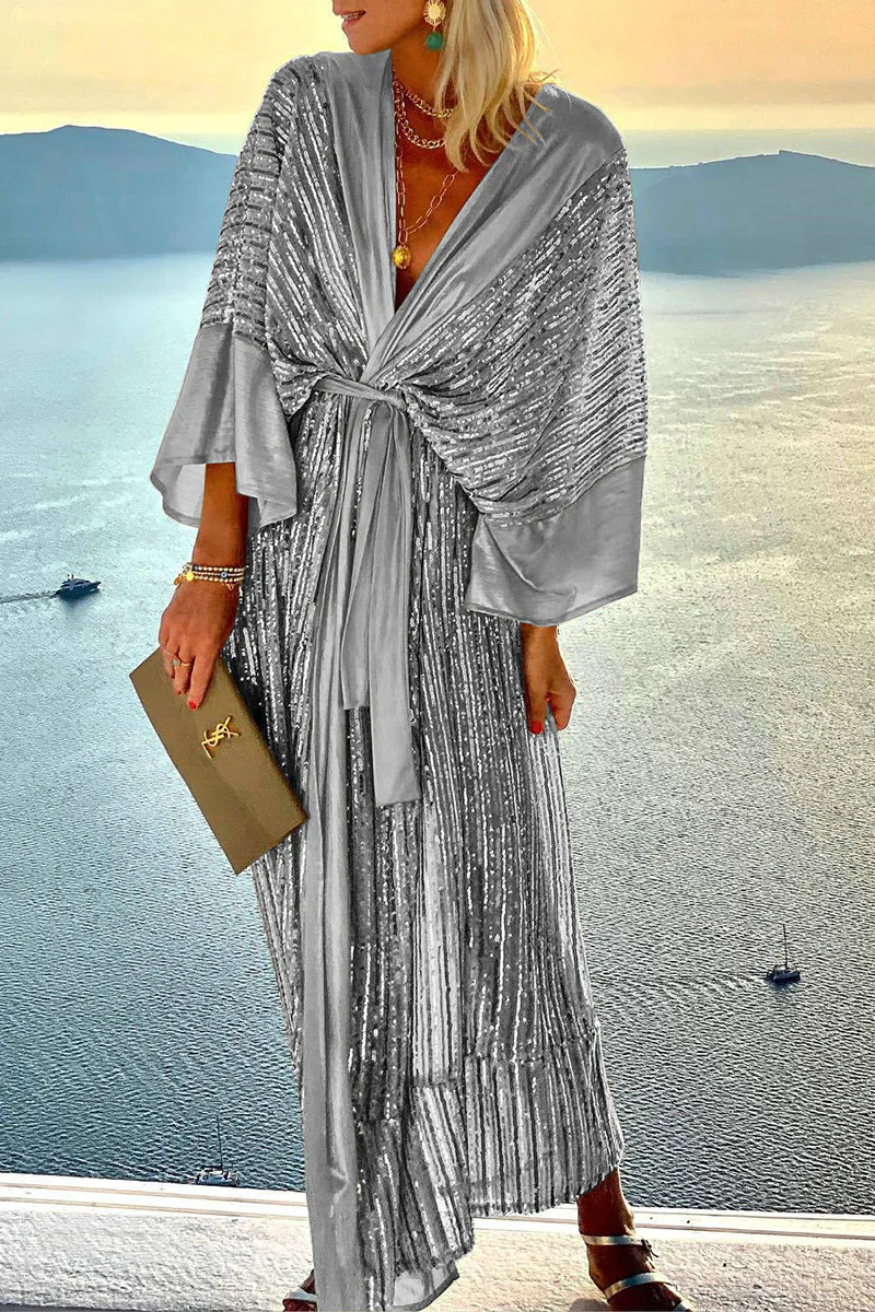 Casual Patchwork Sequins V Neck Waist Skirt Dresses(3 Colors) - Panekey