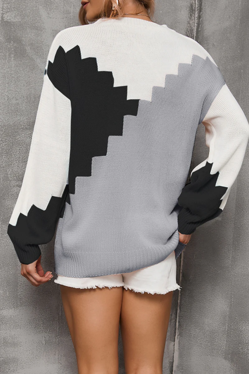 Casual Color Lump Contrast O Neck Tops Sweater - Panekey