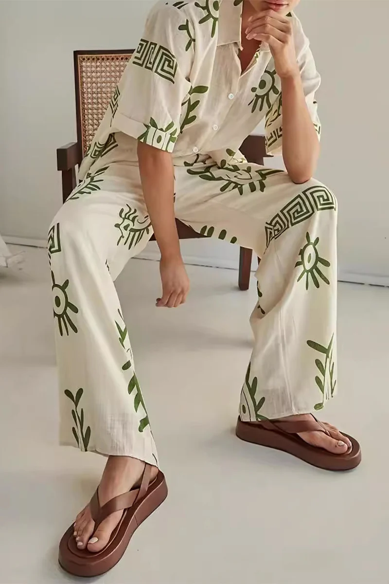 Casual Geometric Print Buttons Turndown Collar Short Sleeve Two Pieces - Panekey