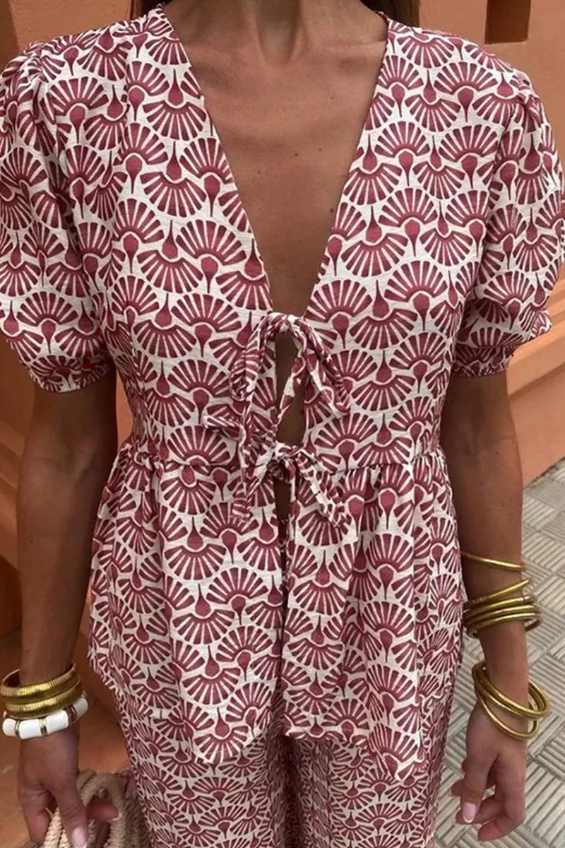 Casual Daily Lace Up V Neck Short Sleeve Two Pieces(3 Colors) - Panekey