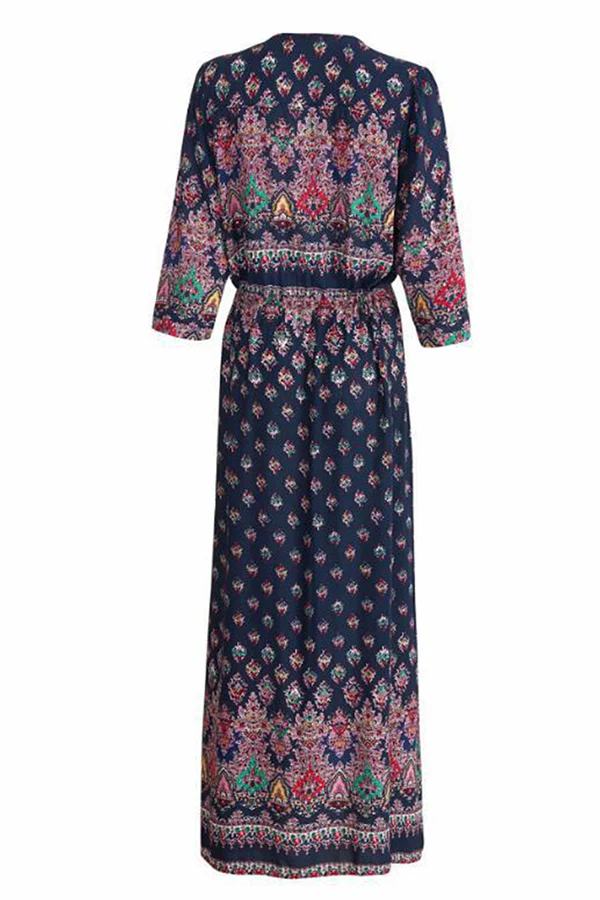 Bohemian Print Buckle Slit V Neck Dresses(7 Colors) - Panekey