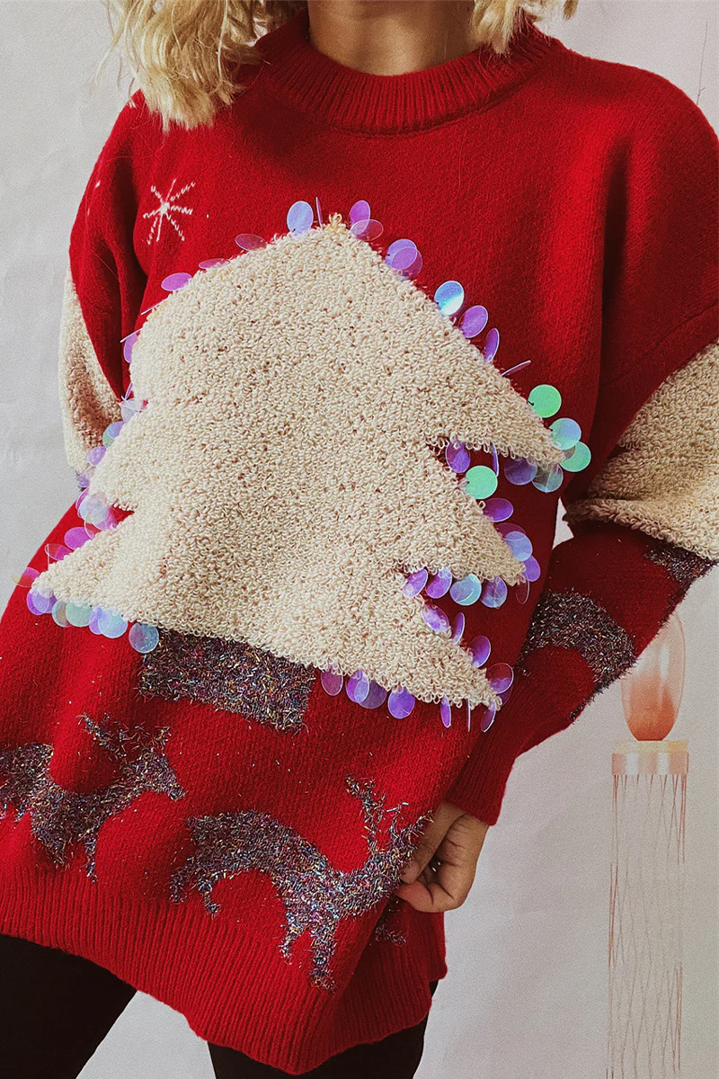Casual Christmas Tree Sequins Patch O Neck Sweaters - Panekey