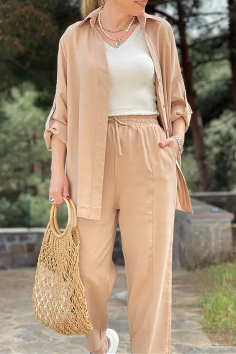 Casual Daily Solid Pocket Frenulum Turndown Collar Long Sleeve Two Pieces - Panekey