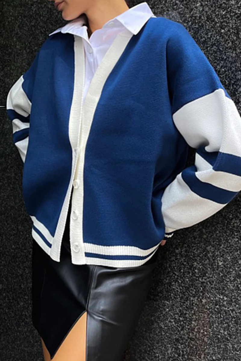 Casual Color Block Contrast V Neck Tops - Panekey