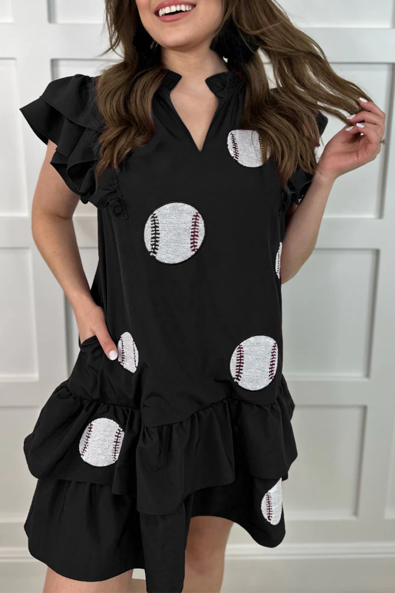 Casual Geometric Print Embroidered Sequins Pocket Ruffle V Neck Irregular Dresses - Panekey