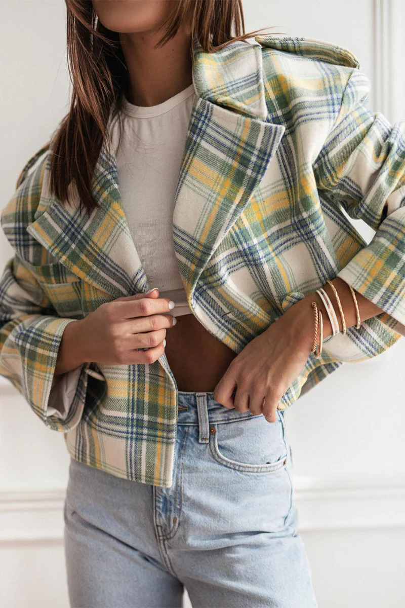 Casual Plaid Buttons Contrast Turn-back Collar Outerwear(3 Colors) - Panekey