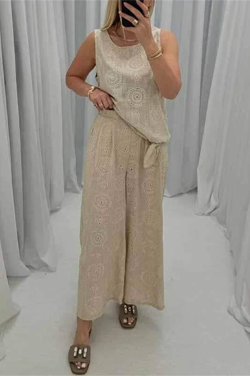 Casual Daily Solid Color Hollow Out Pocket O Neck Sleeveless Two Pieces - Panekey