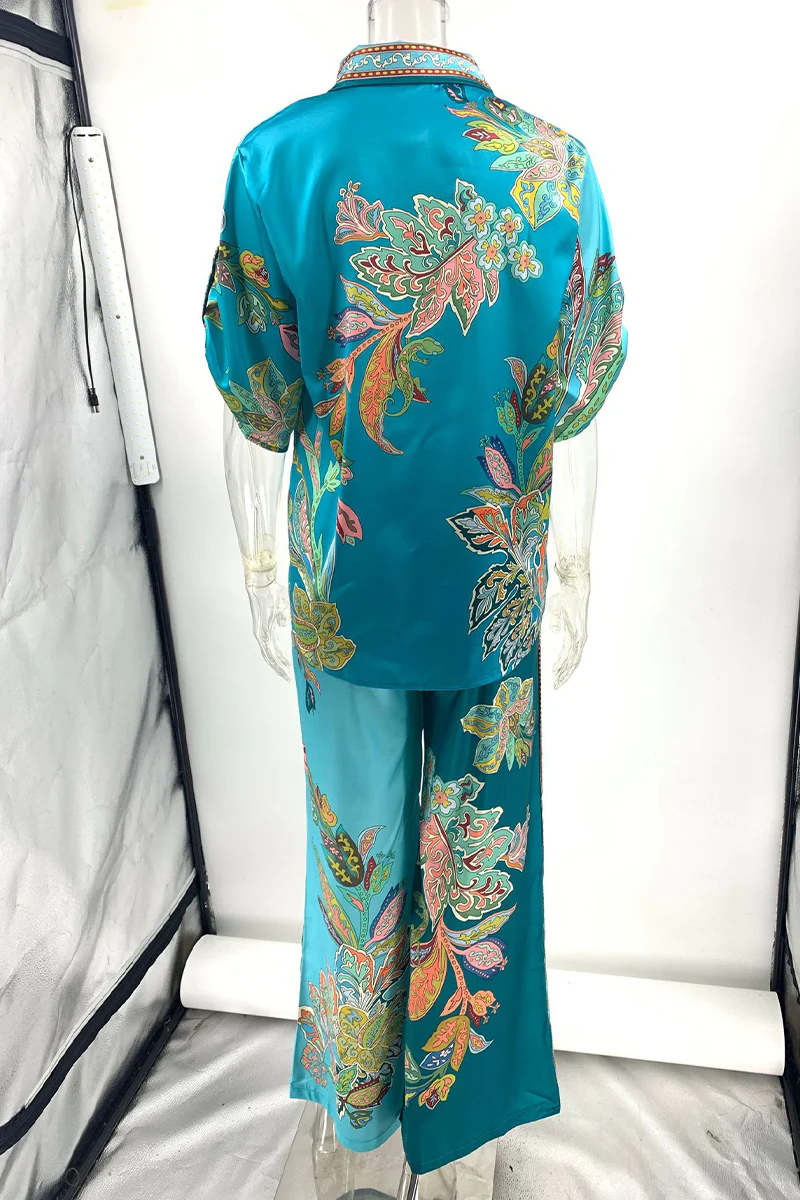 Casual Floral Print Patchwork Turndown Collar Long Sleeve Two Pieces - Panekey