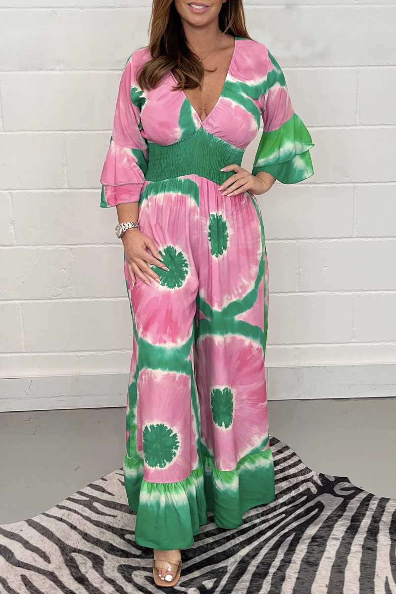 Casual College Print Patchwork V Neck Loose Jumpsuits - Panekey