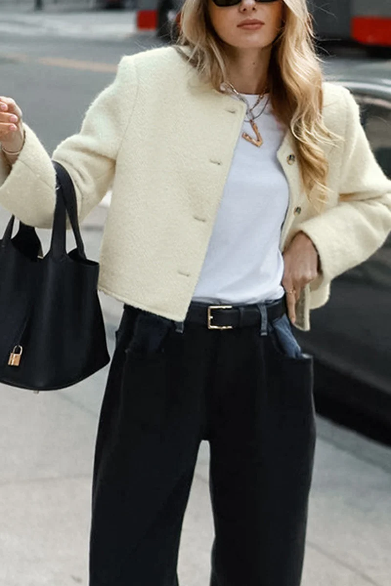 Casual Daily Solid Color Buttons O Neck Outerwear - Panekey