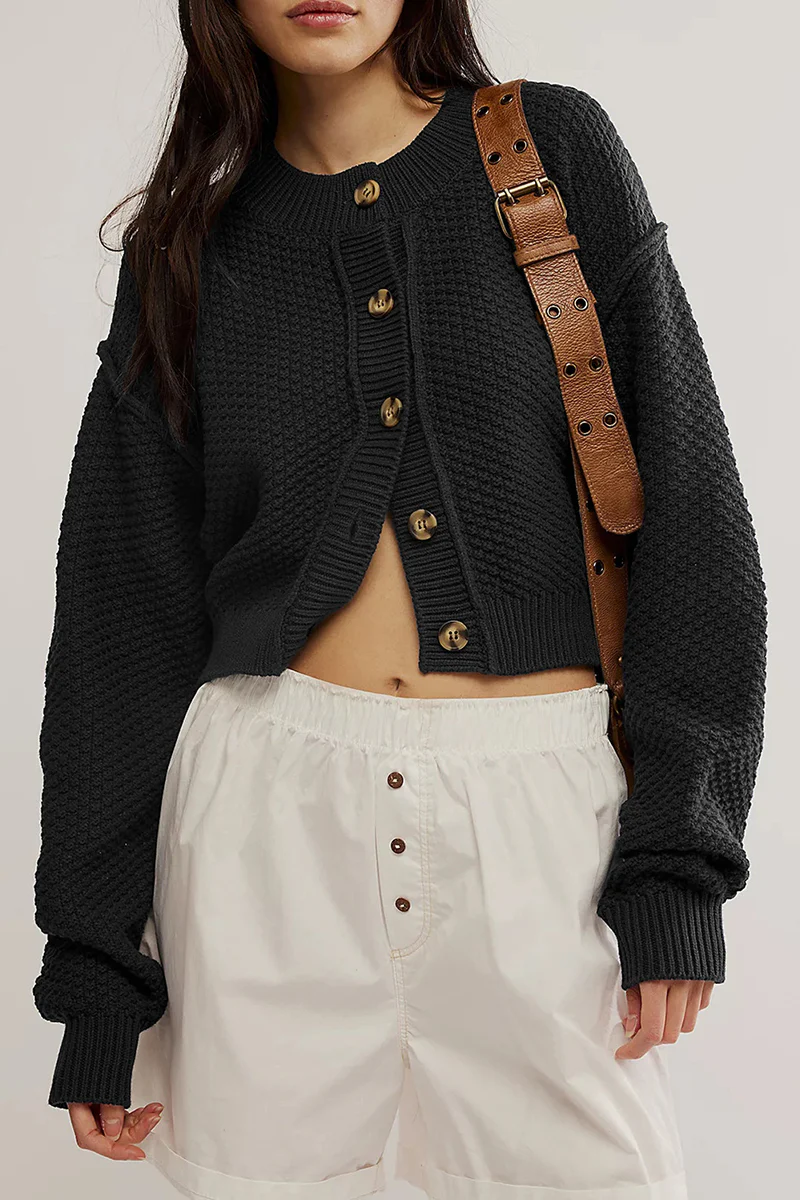 Casual Daily Solid Color Buttons Weave O Neck Outerwear(5 Colors) - Panekey