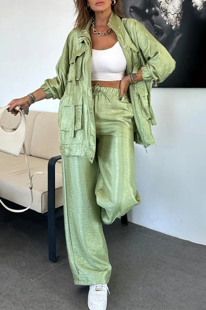 Casual Pocket Ruched Mandarin Collar Long Sleeve Two Pieces(6 Colors) - Panekey