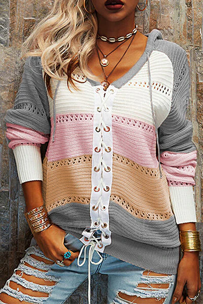 Casual Patchwork Draw String Cross Straps Contrast Hooded Collar Tops(7 Colors) - Panekey