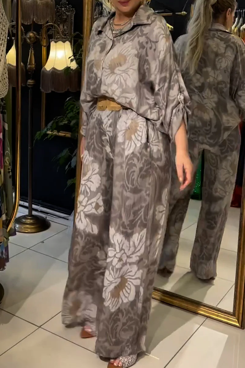 Casual Floral Print Buttons Turndown Collar Long Sleeve Two Pieces - Panekey