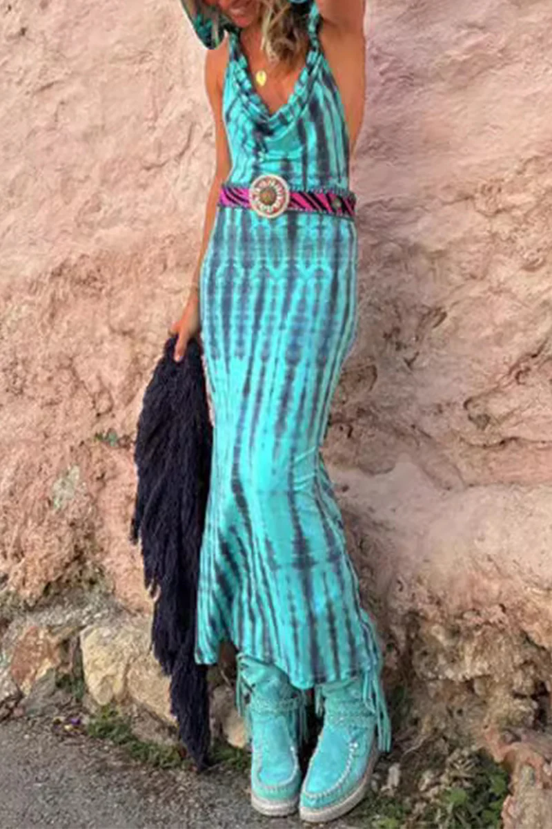 Casual Bohemian Geometric Print Backless Hooded Collar One Step Skirt Dresses(No Belt) - Panekey