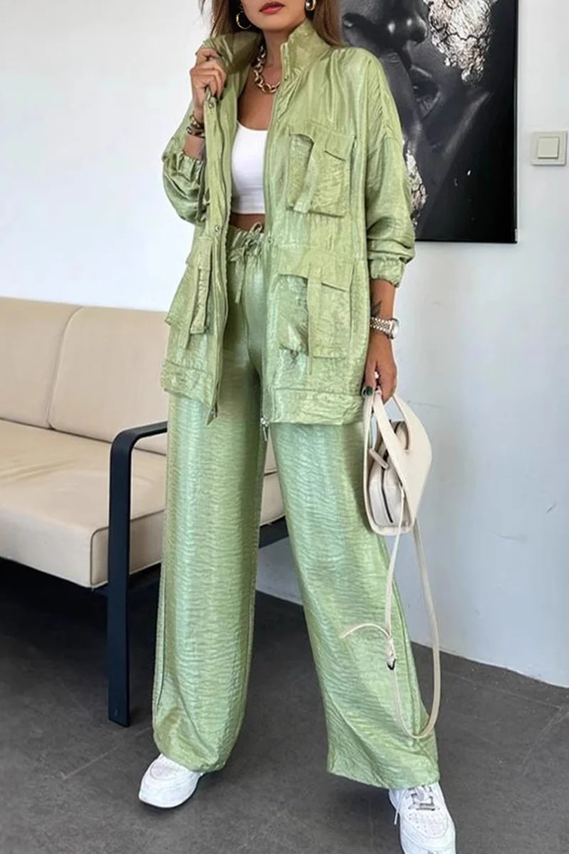 Casual Pocket Ruched Mandarin Collar Long Sleeve Two Pieces(6 Colors) - Panekey