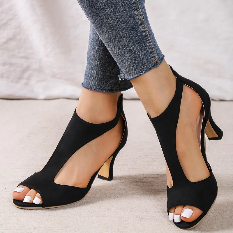 Casual Hollowed Out Patchwork Fish Mouth Out Door Shoes (Heel Height 2.75in) - Panekey