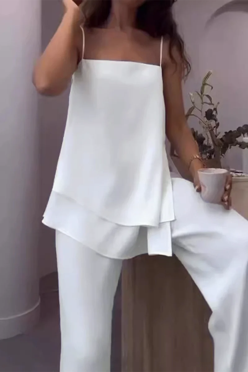 Casual Daily Solid Color Irregular Flounce Square Neck Sleeveless Two Pieces - Panekey