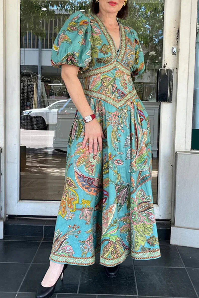 Casual Floral Print Pocket V Neck A Line Dresses - Panekey