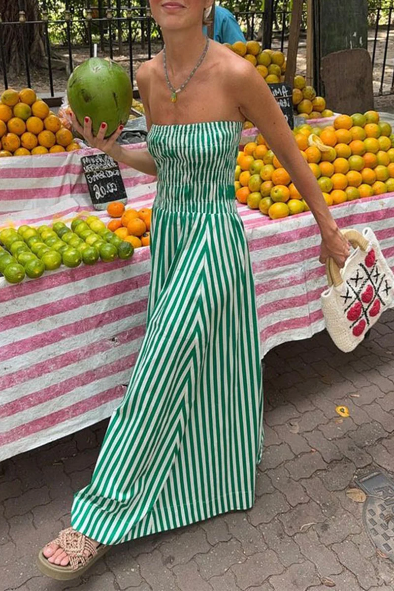 Casual Daily Striped Print Contrast Strapless Printed Dresses - Panekey