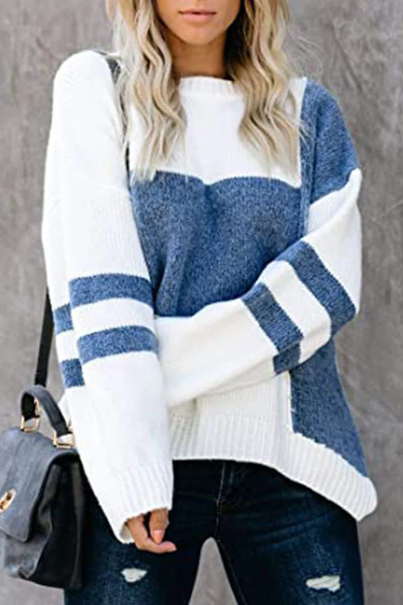 Casual Patchwork  Contrast O Neck Tops Sweater - Panekey