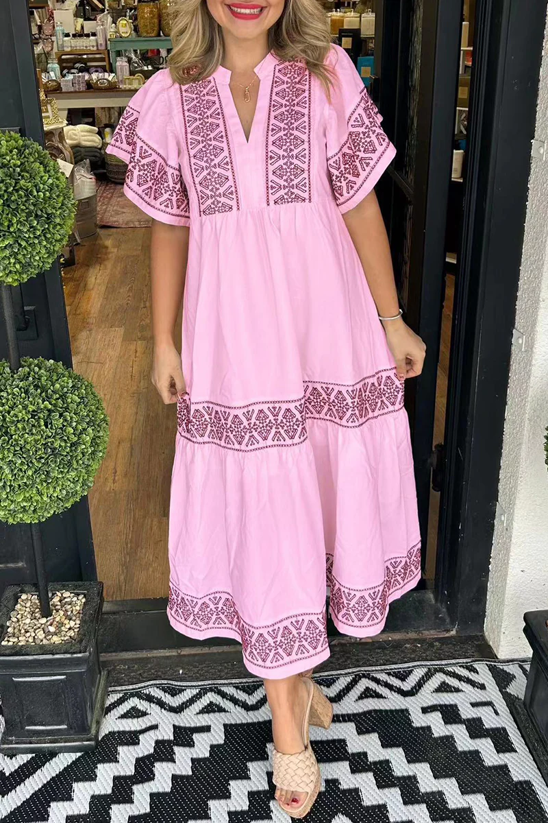 Casual Geometric Print Patchwork V Neck A Line Short Sleeve Dress(7 Colors) - Panekey