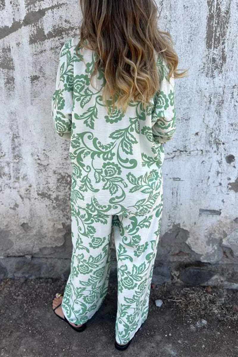 Casual Floral Print Pocket Contrast Turndown Collar Three Quarter Two Pieces - Panekey