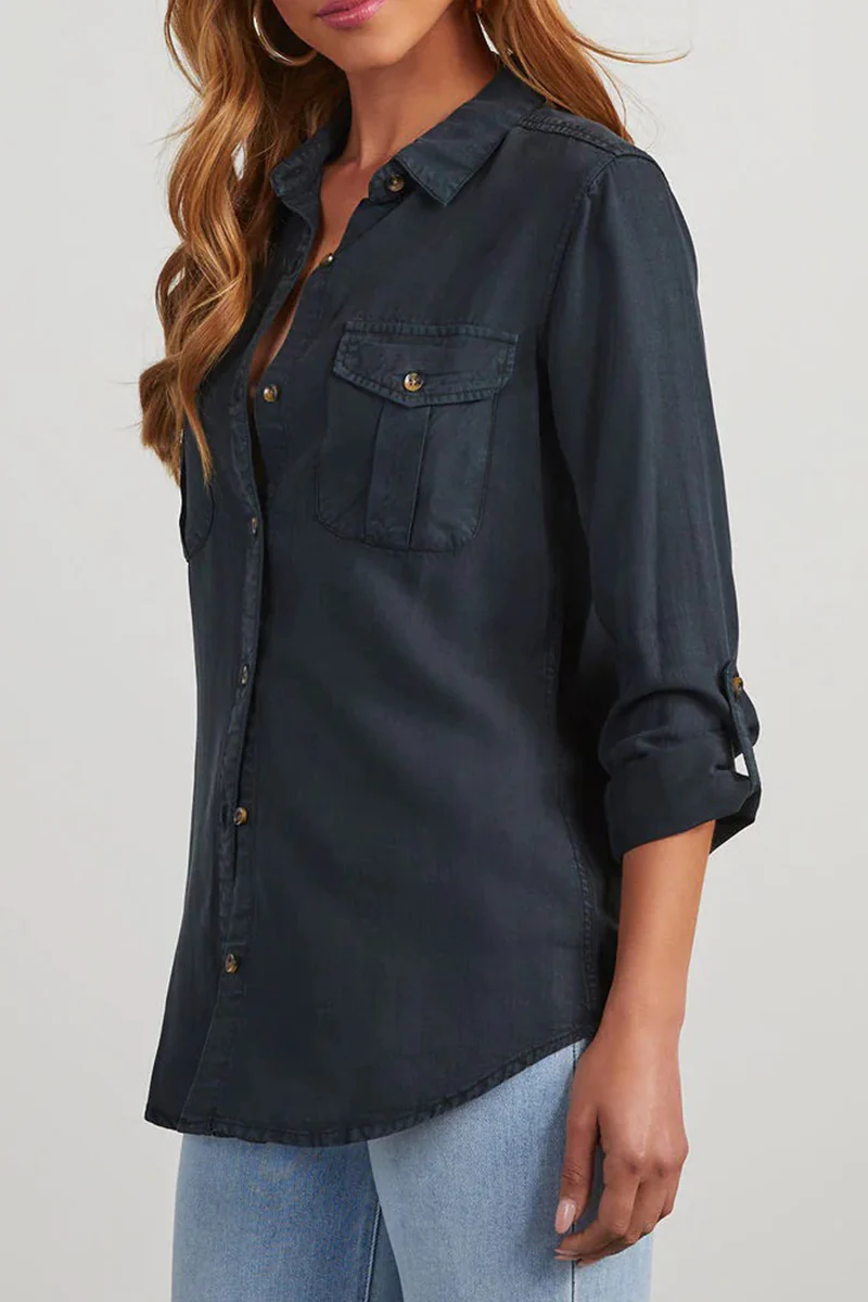 Casual Daily Solid Color Pocket Buttons Turndown Collar Blouses(4 Colors) - Panekey