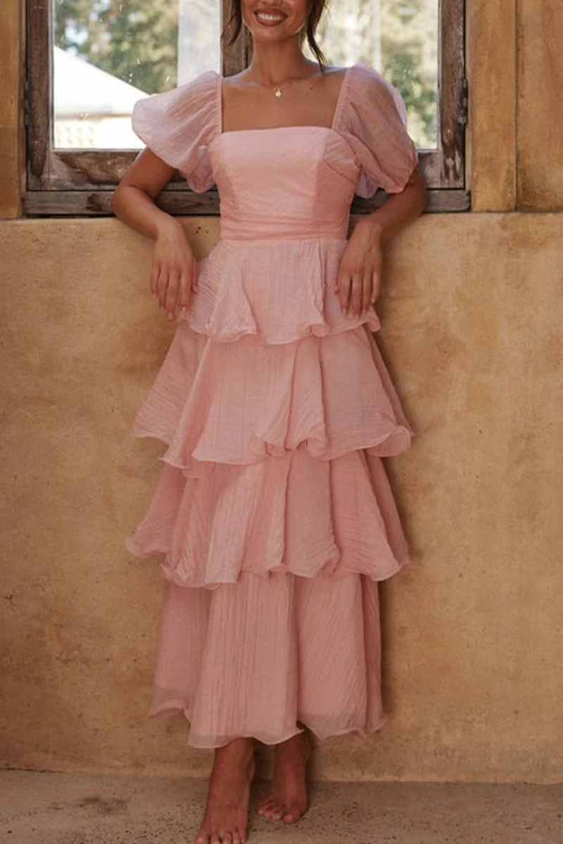 Casual Backless Flounce Square Neck Cake Skirt Dresses - Panekey