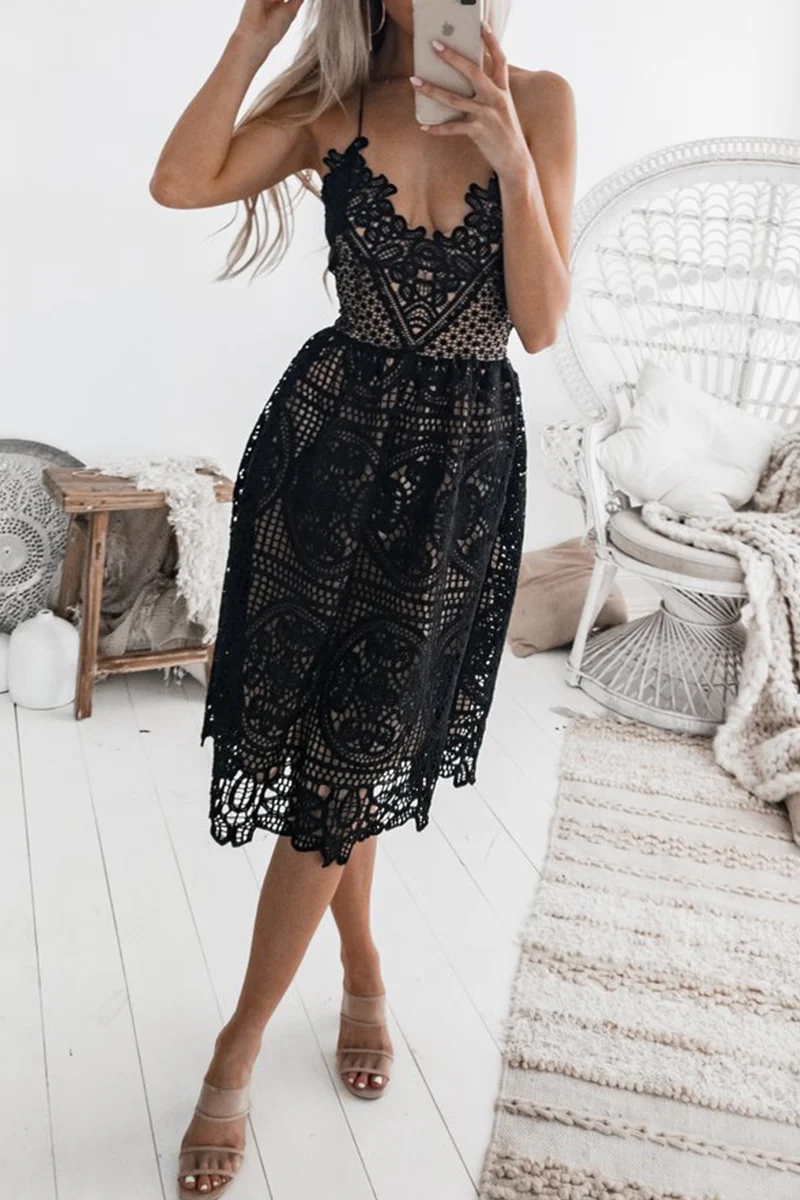 Casual Patchwork Lace Spaghetti Strap Lace Dress Dresses - Panekey