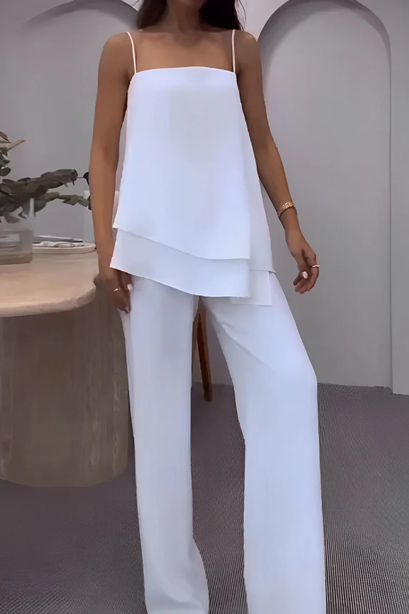 Casual Daily Solid Color Irregular Flounce Square Neck Sleeveless Two Pieces - Panekey